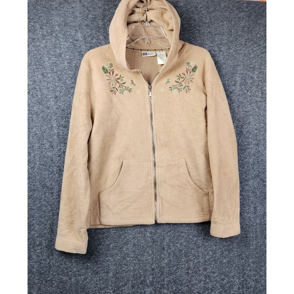 Faded Glory Fleece Hoodie Women XL Tan Floral Embroidery Full Zip Jacket